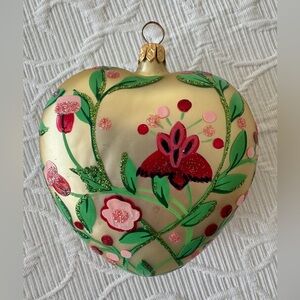 Hand Painted Gold Christmas Ornament Glass-Blown Heart-Shaped Floral Leaf Motif